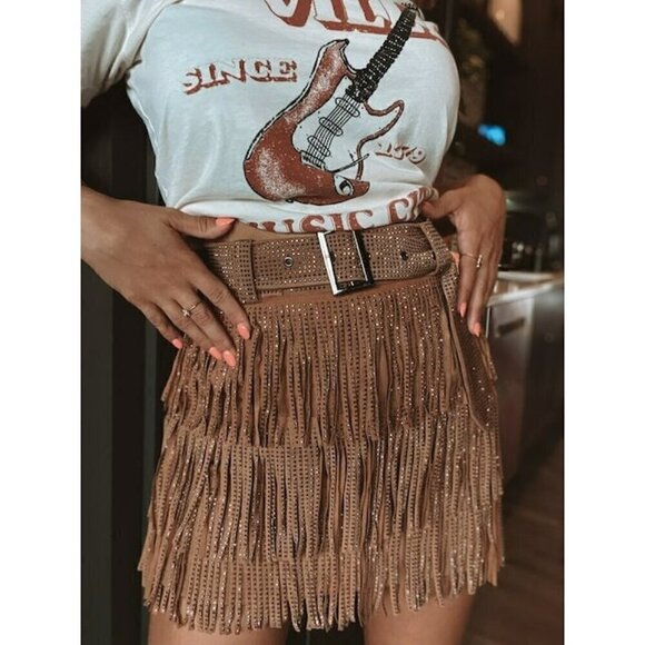 Nylon Apparel Dresses & Skirts - *PLUS ONLY* Spotlight Stealer Rhinestone Fringe Mini Skort Camel